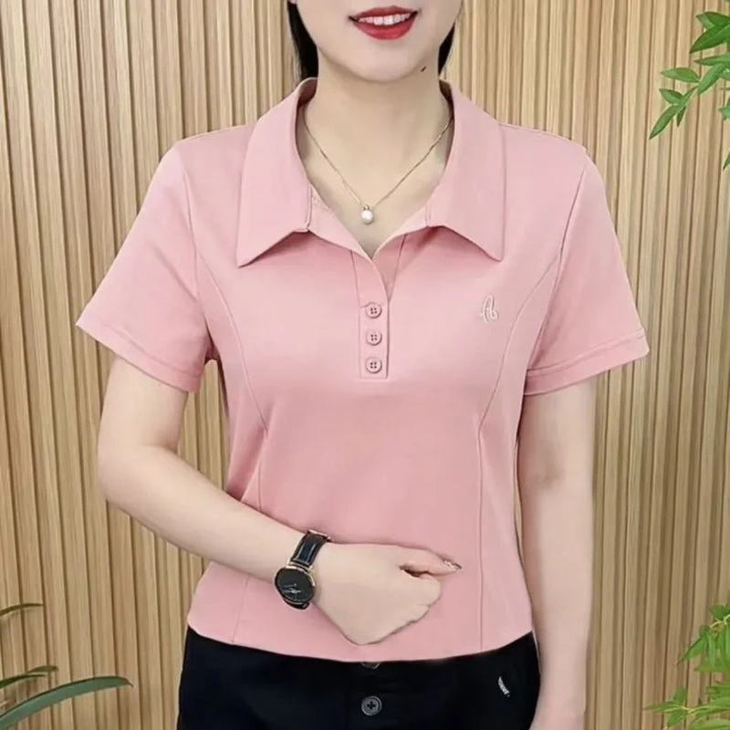 853粉色夏季T恤女简约新款时尚POLO短袖洋气宽松显瘦翻领减龄上衣