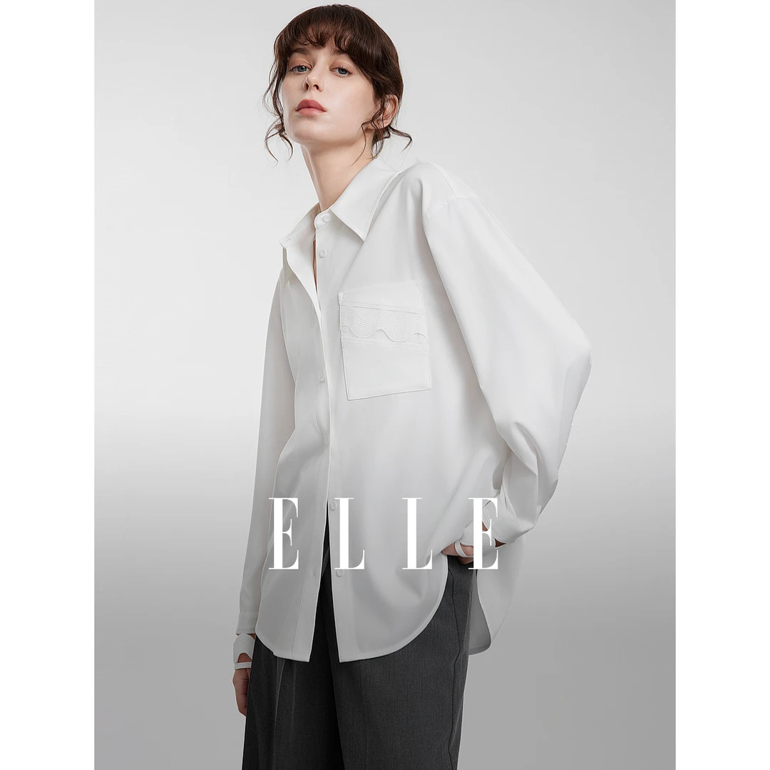 ELLE法式宽松长袖衬衫女2025春季镂空设计感通勤穿搭衬衣EC50467