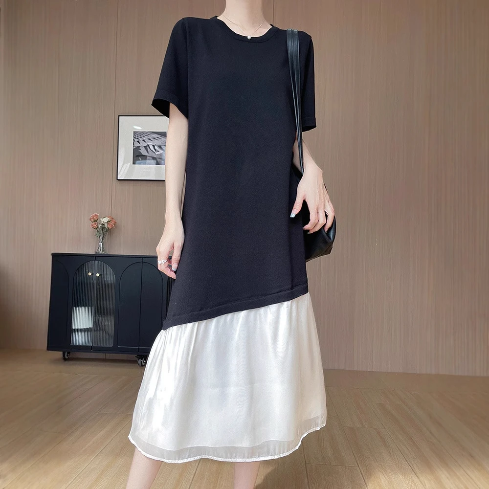 女装潮流拼接长款设计感夏装圆领拼色混纺针织短袖穿搭连衣裙大码