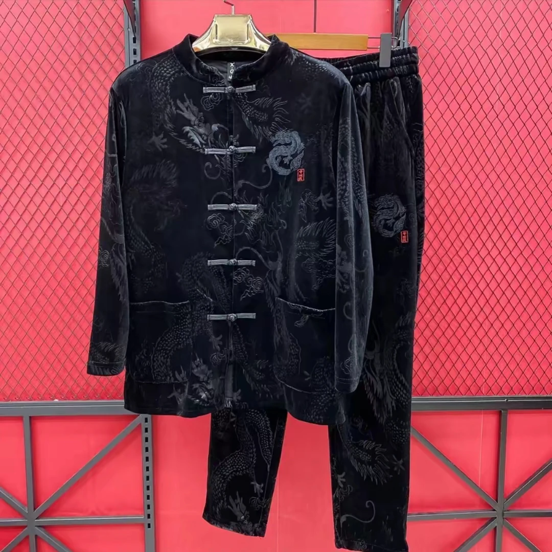 男士新款国风长袖两件套中式龙纹刺绣帅气唐装重工立领套装