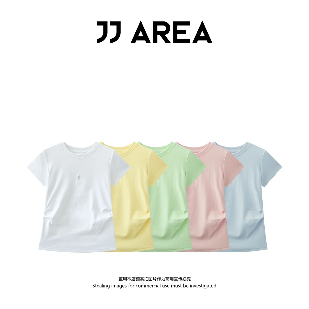 【JJ AREA】娇娇“松弛漫画腰”25新款设计感褶皱显瘦正肩短袖T恤上衣