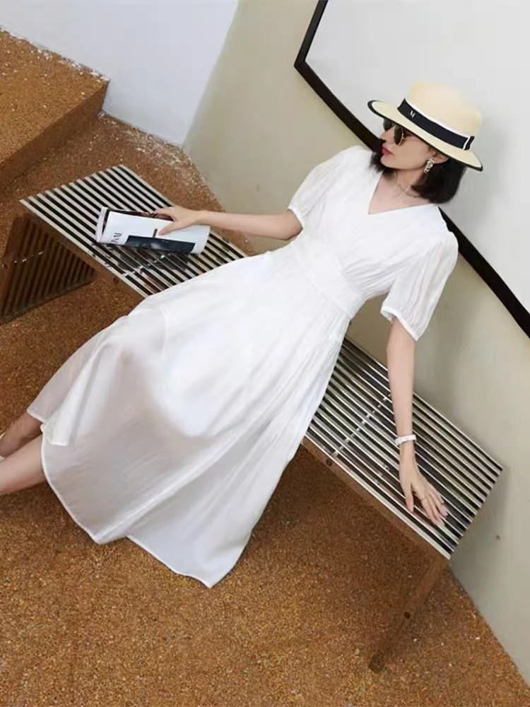 V领连衣裙女夏修身2025新款时尚气质中长裙收腰显瘦B10-1