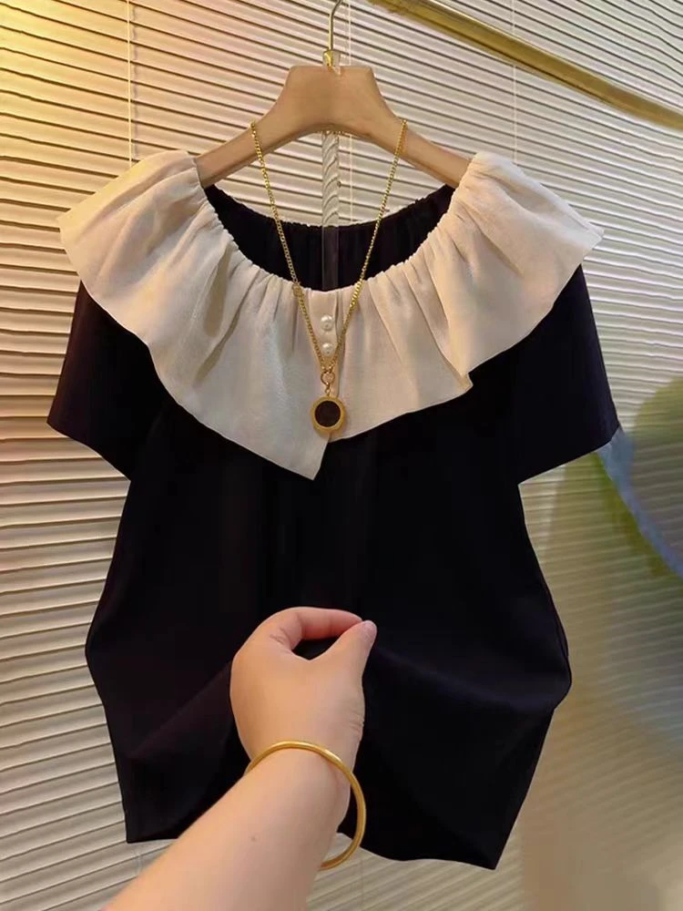 设计感洋气撞色荷叶领短袖衬衫t恤女士夏季气质时髦减龄宽松上衣