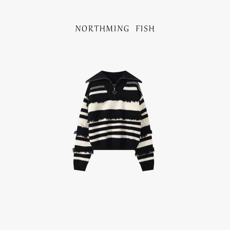 NorthMing fish 休闲时髦 条纹流苏撞色翻领毛衣