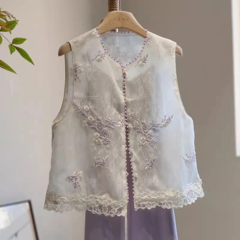 新中式欧根纱国风马甲女薄款重工蕾丝刺绣外搭马夹吊带裙两件套夏