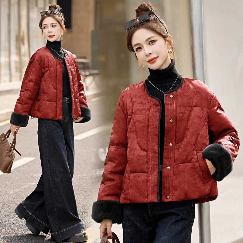 中式国风提花短款羽绒服2024冬季新款拼接小个子加厚鸭绒网红外套