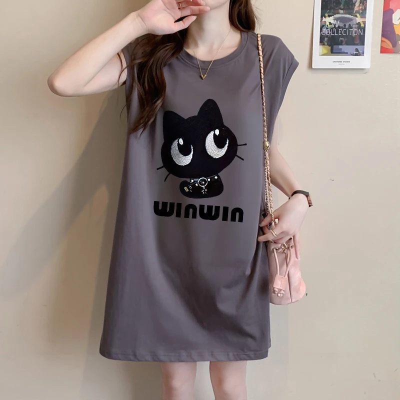 夏季无袖纯棉背心T恤女2025新款爆款宽松慵懒风设计感卡通上衣ins