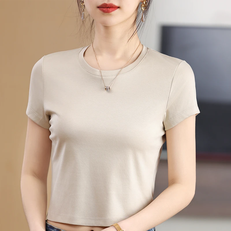 【100%棉】夏季休闲丝光棉纯色舒适修身T恤时尚圆领半袖显瘦纯棉