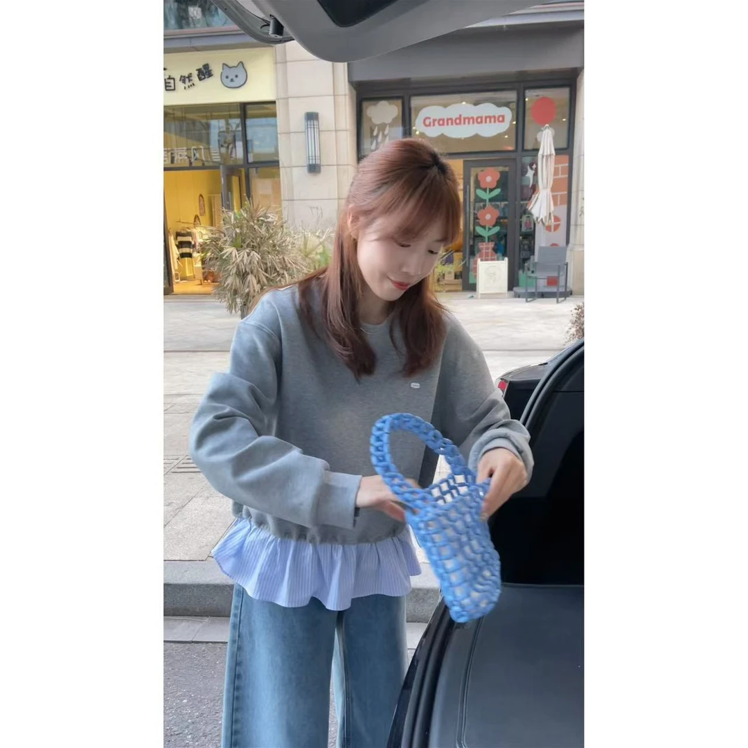 QiongQiong人手款！绝美的拼接条纹荷叶边抽绳设计宽松卫衣