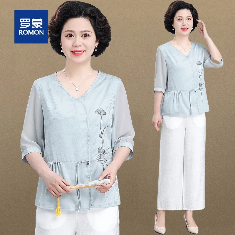 罗蒙妈妈夏装套装2025新款新中式国风小衫洋气中老年七分袖衬衫女