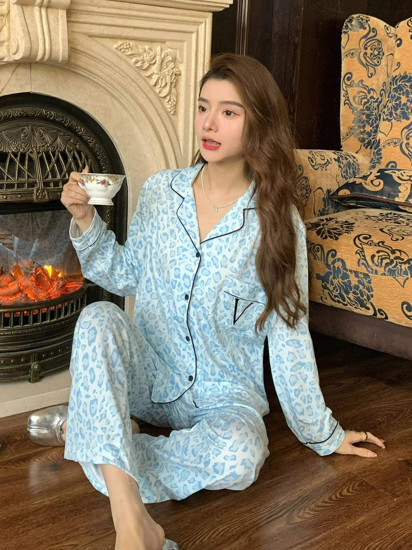 简丹生活【维密蓝豹纹】小众潮牌设计可外穿睡衣长袖长裤家居服