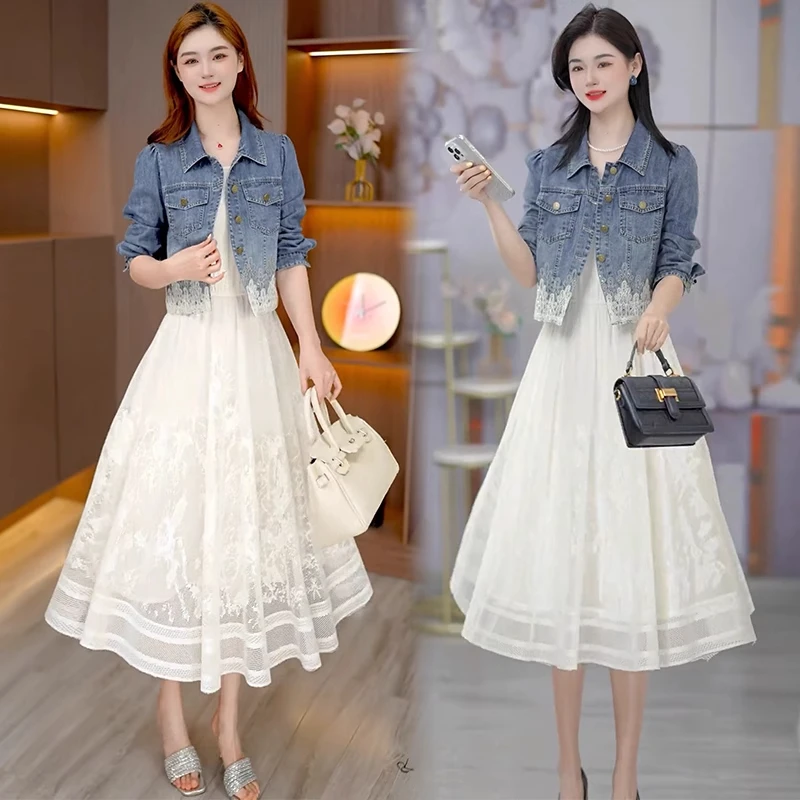 时尚连衣裙女2025春秋新款显瘦蕾丝拼接牛仔短外套背心裙两件套潮