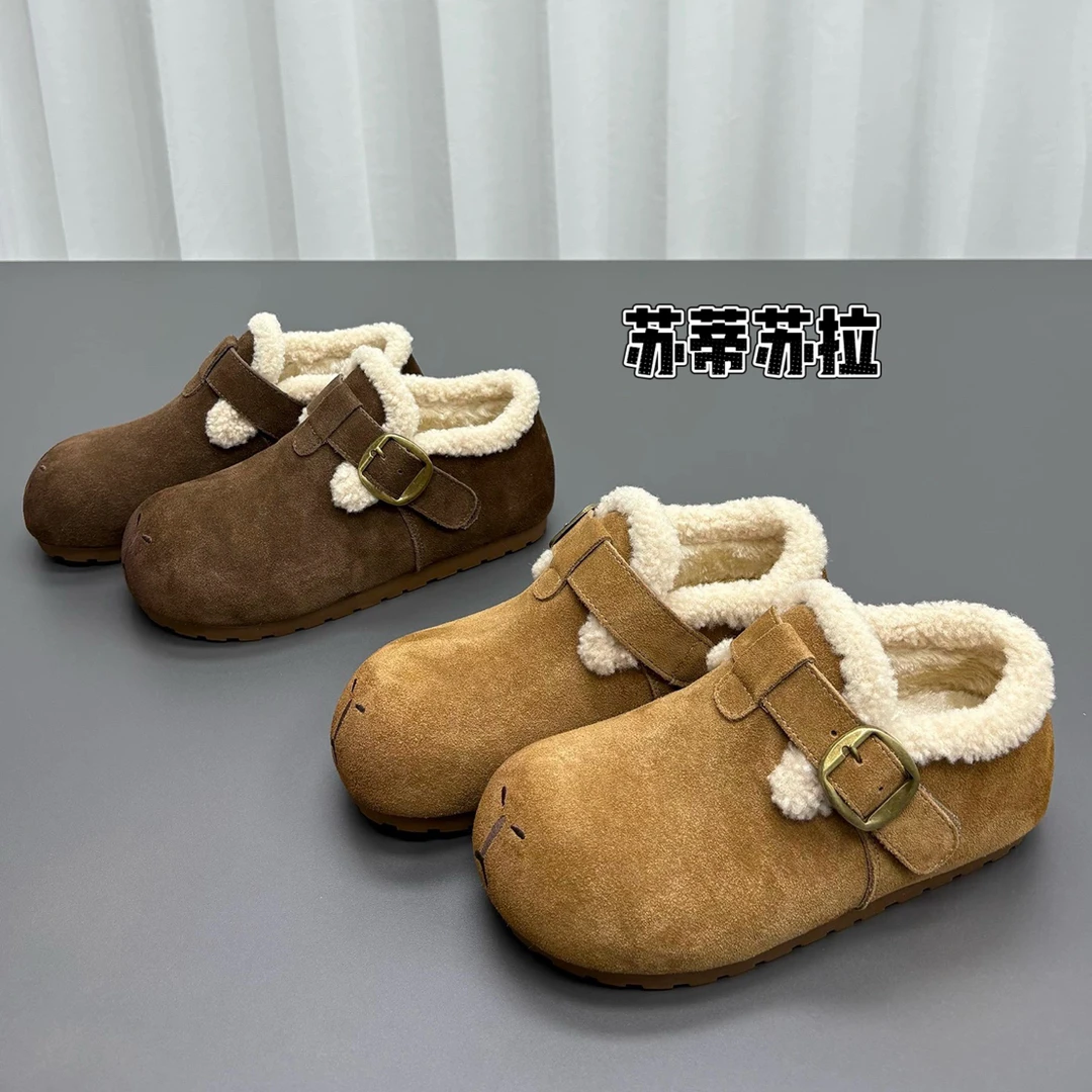 25991 丑萌厚底勃肯棉鞋女2025冬季新款加绒保暖毛毛鞋百搭棉鞋