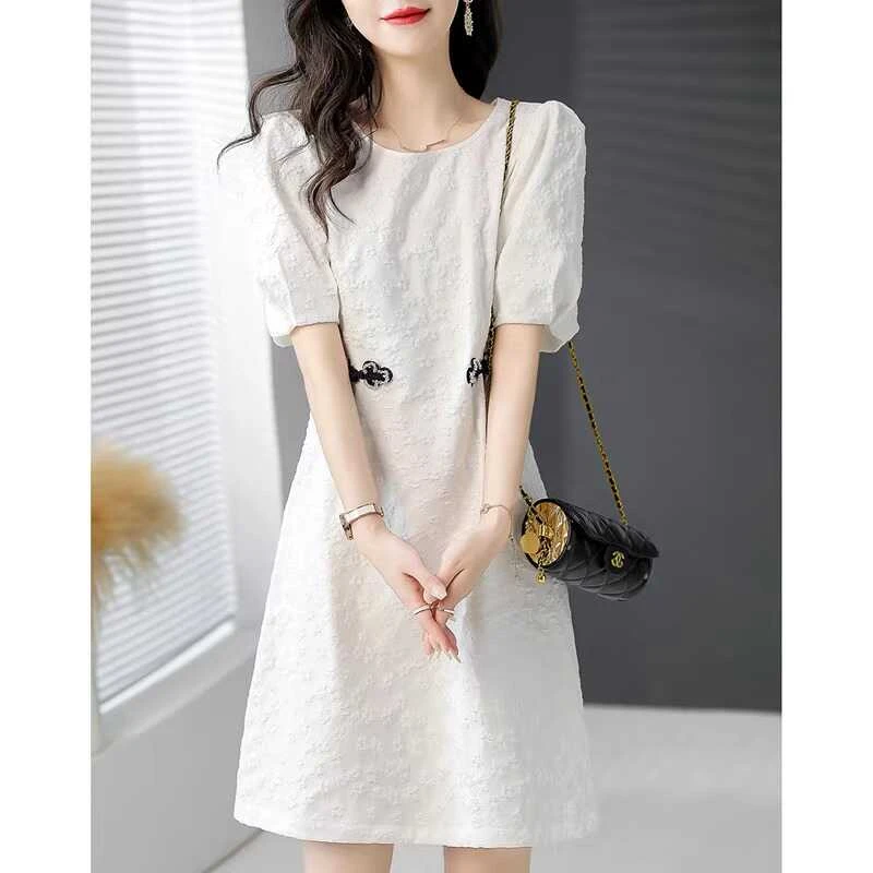 商场专柜同款2025夏新款圆领法式气质提花收腰显瘦后妈裙小个子