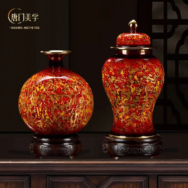 《唐三彩艺术瓶》铜摆件花瓶储物罐大漆工艺品将军罐开业乔迁装饰品