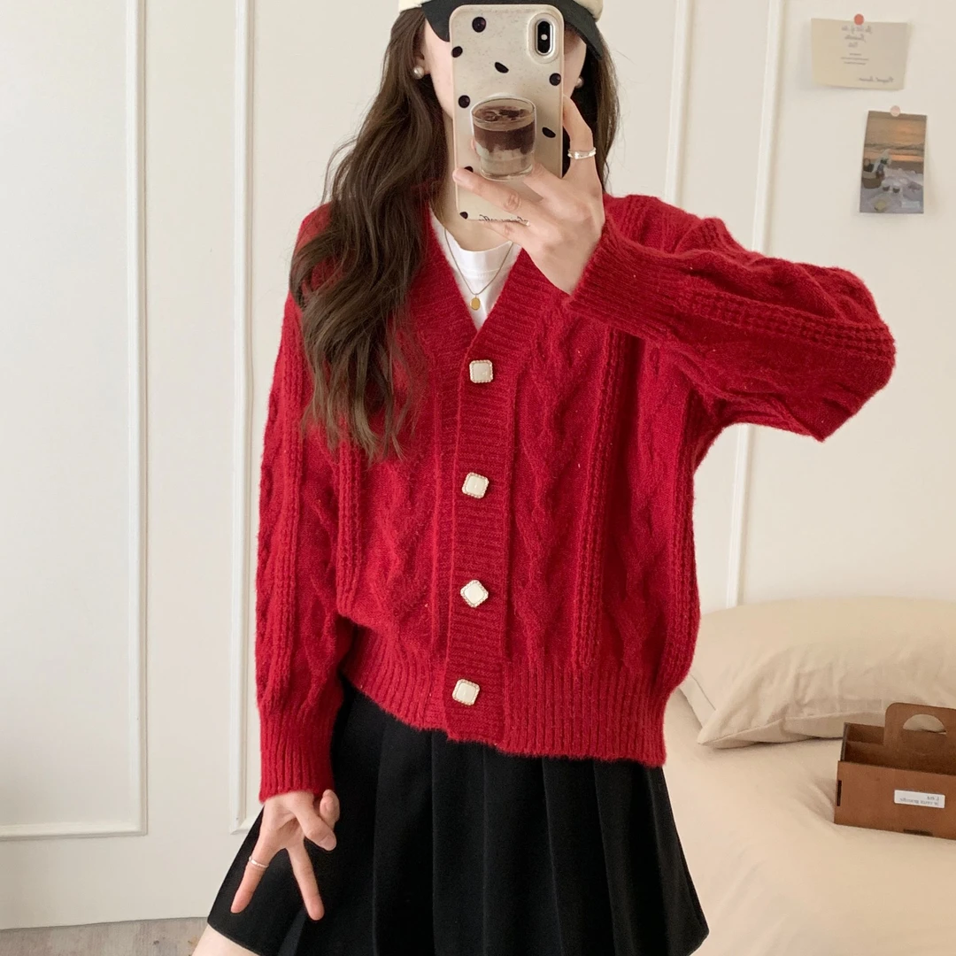 寻卉秋季新款抗起球钩花针织开衫女装复古秋冬慵懒风毛衣外套上衣