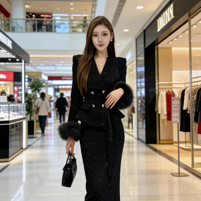 加绒【安娜】长款套装 大码小香风裙冬季名媛外套高腰半身裙两件套