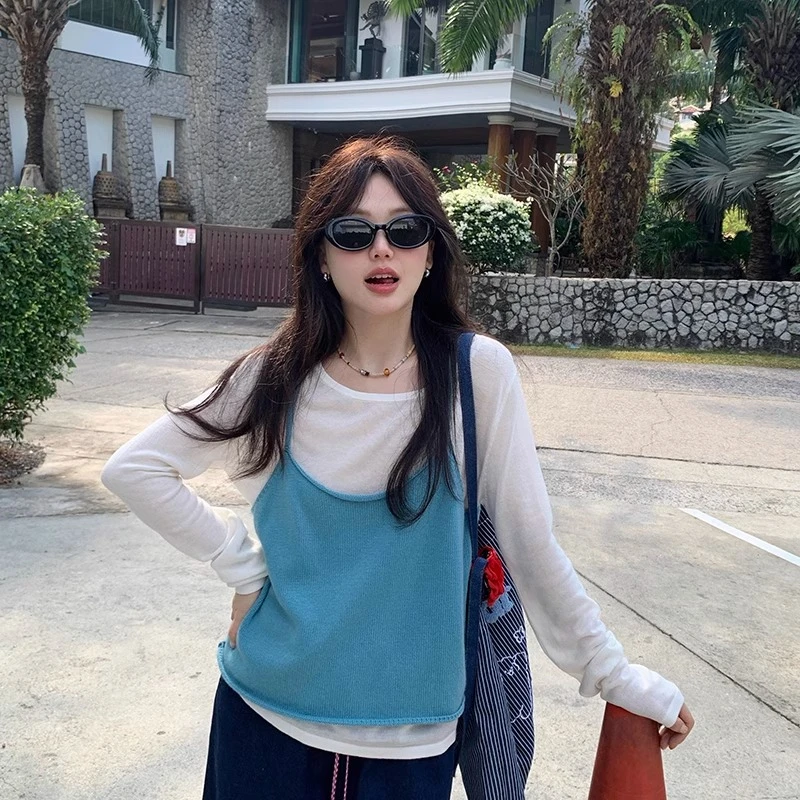 一三良品小个子 自由组合 吊带背心长袖针织衫两件套上衣T5176