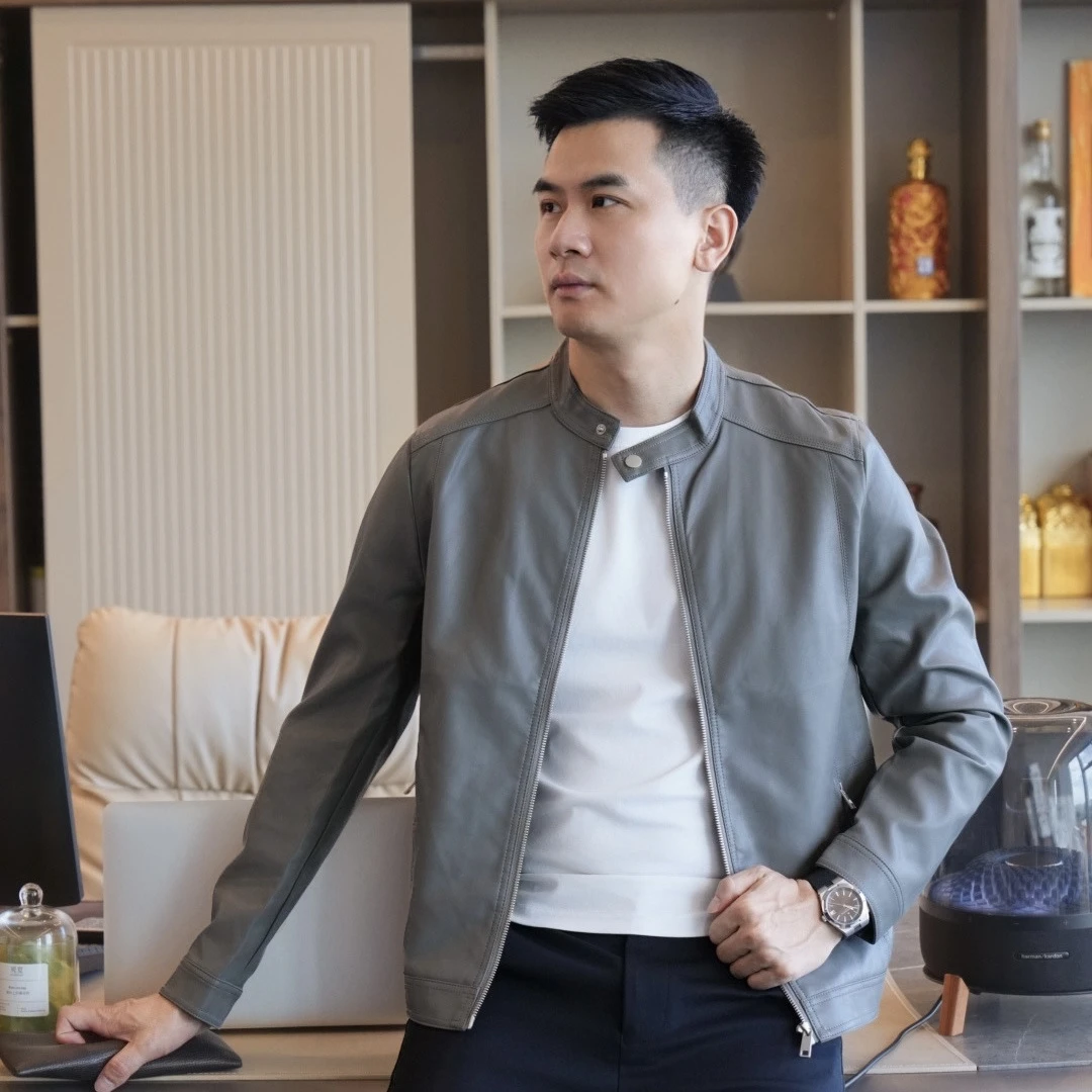 【恒贝】男士商务休闲纯色立领皮衣春秋高级修身时尚百搭休闲机车