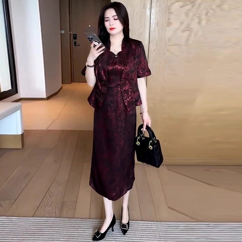 红色连衣裙套装女2025夏季新款洋气质显瘦印花短外套背心裙两件套