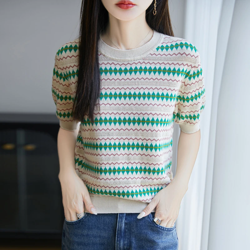 时尚品牌新正品夏季提花圆领T恤薄款条纹女纯棉时尚镂空短袖上衣