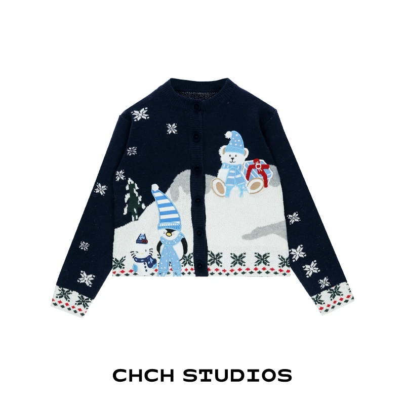 RAKS113850时尚雪人百搭宽松提花毛针织衫女2025年秋冬新款潮毛衣