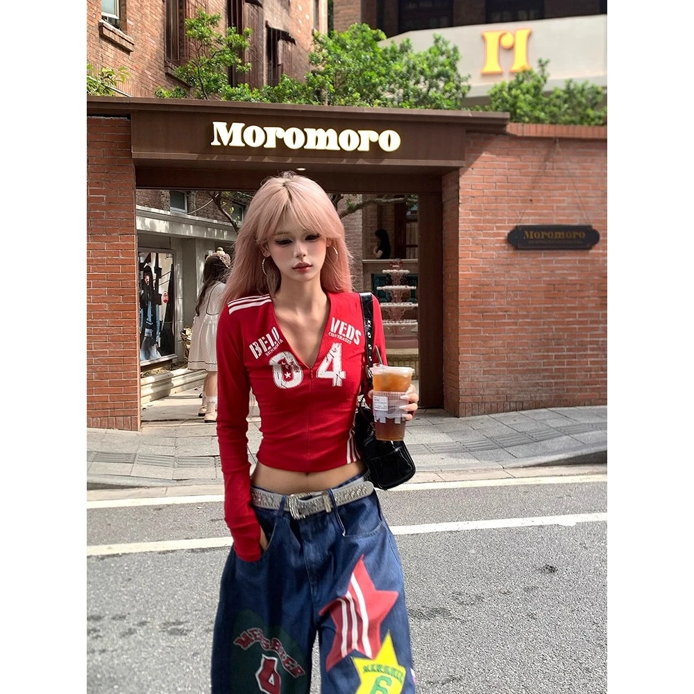 美式复古数字印花V领拉链长袖T恤女辣妹修身显瘦正肩打底衫上衣女