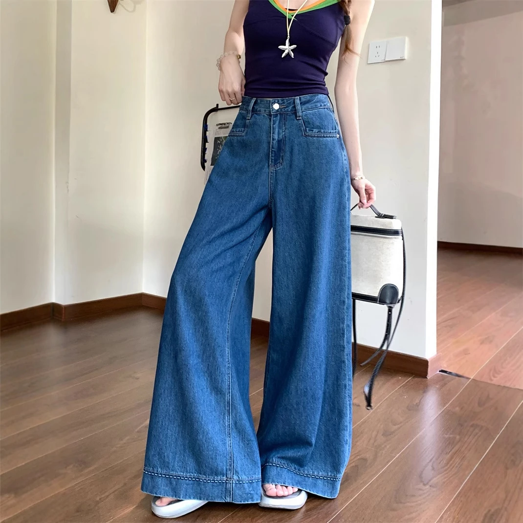 磨毛实拍 2025夏季韩版薄款垂感高腰宽松阔腿显瘦宝藏直筒牛仔裤