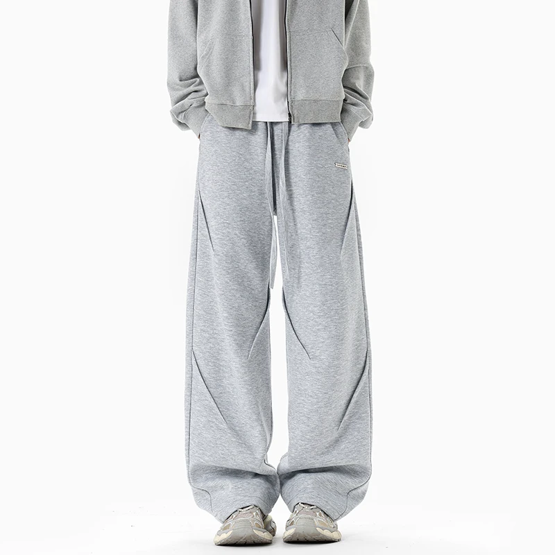 2025潮牌设计感褶皱休闲卫裤男款潮流美式运动裤宽松直筒裤子