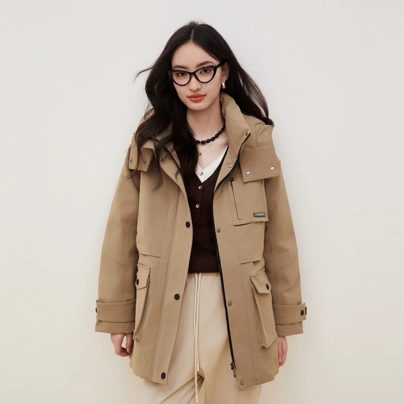 XG雪歌卡其色工装派克服多口袋潮酷通勤百搭连帽中长款外套羽绒服