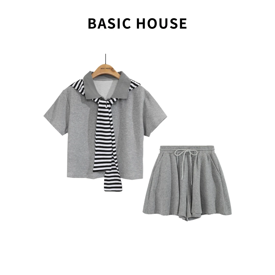 Basic House百家好短款时尚夏季灰色简约宽松套装B1385B5HD92