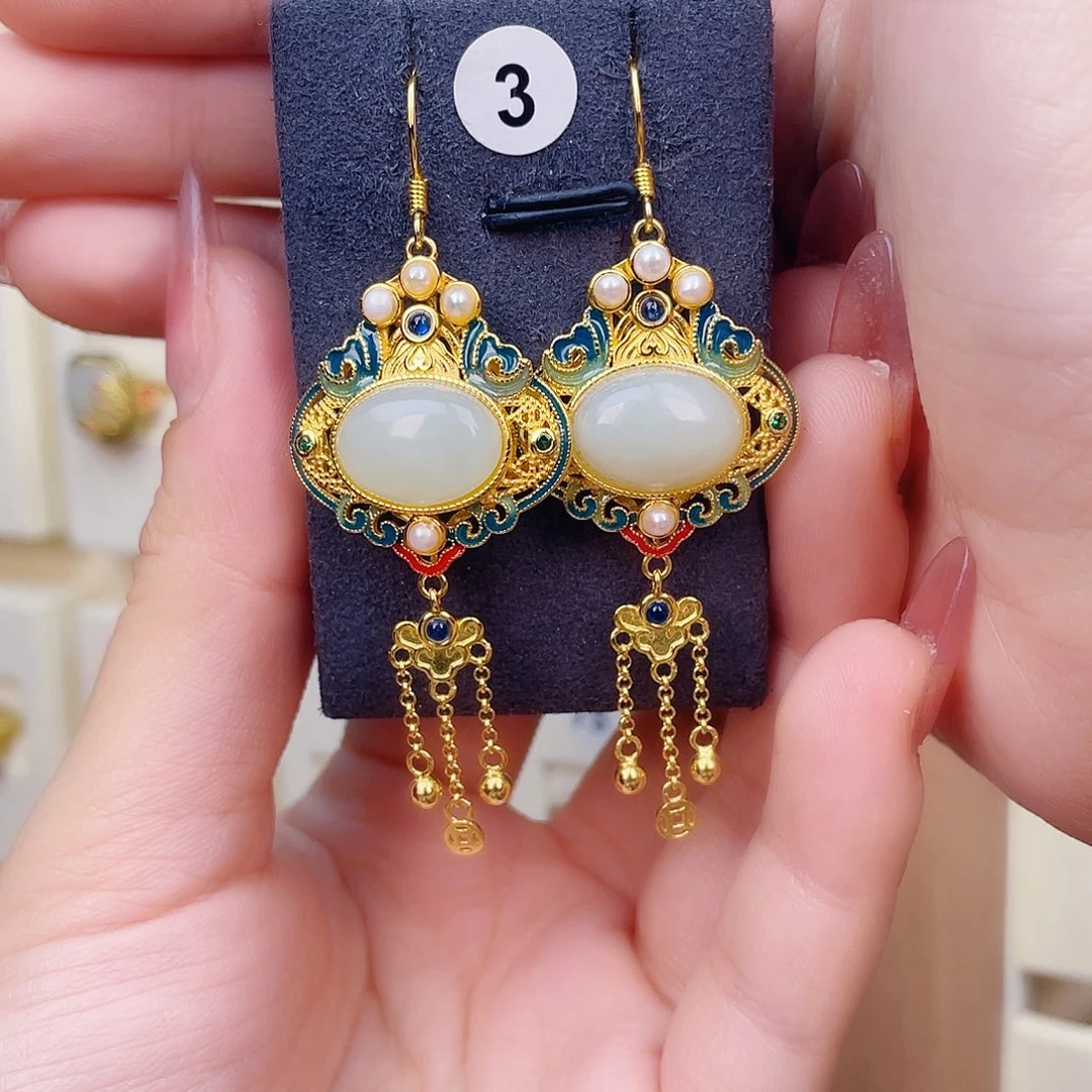 和田玉银S925镀金镶嵌耳饰