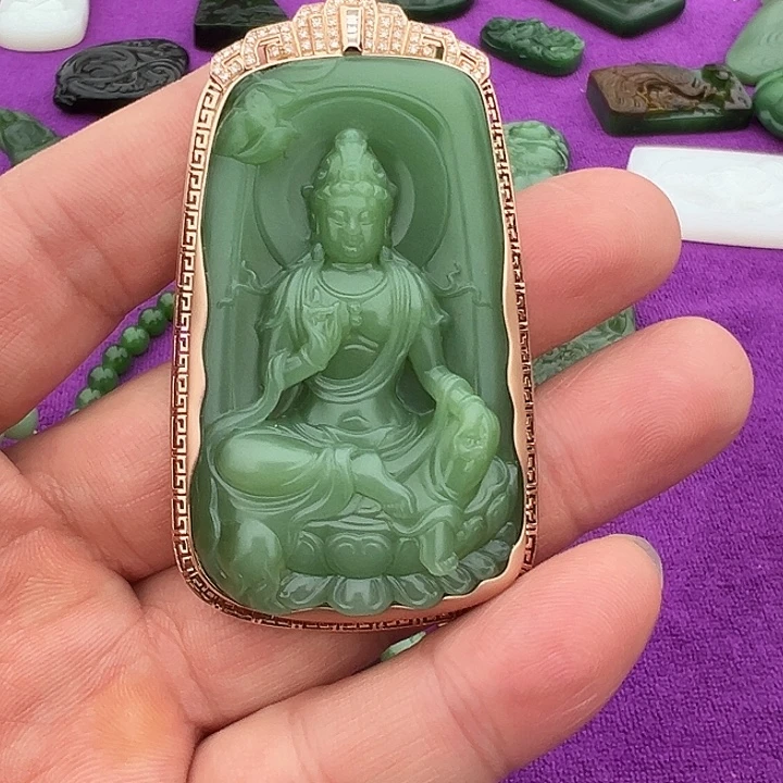 和田玉（碧玉）18K金镶嵌吊坠(不含链)