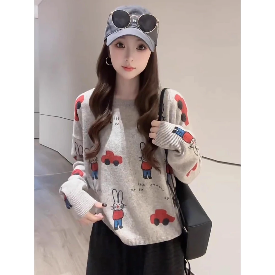 软糯减龄卡通印花慵懒风毛衣女早秋小个子时尚百搭长袖针织衫上衣