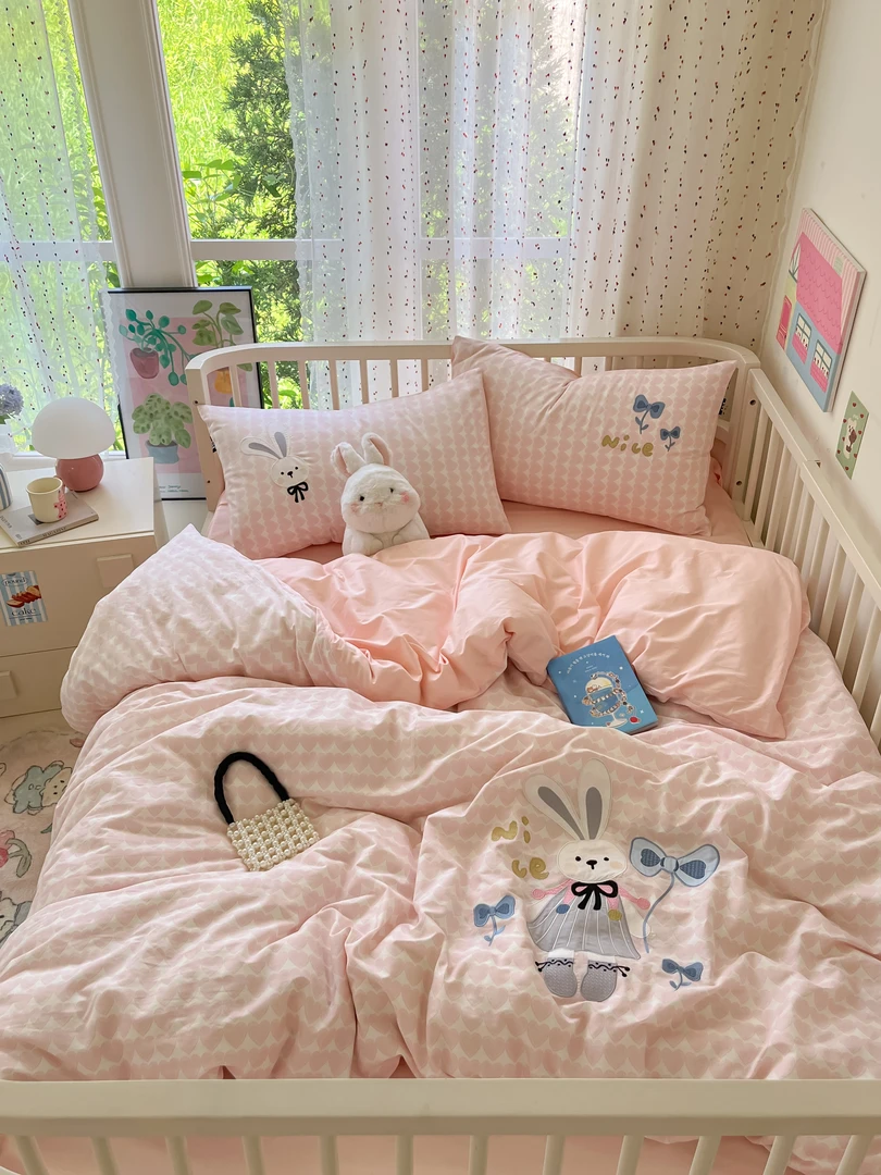 特！蝴蝶结兔子  全棉纯棉 刺绣工艺贴布绣标准尺寸三件套四件套