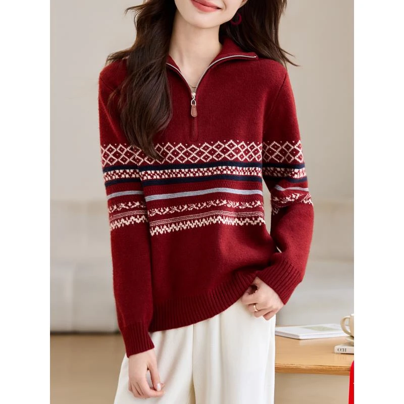 【含羊毛】春秋新款小个子拉链套头针织衫时尚提花长袖打底毛衣女士