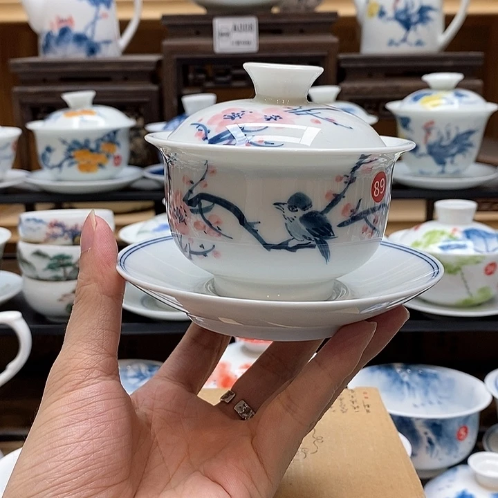 手绘喜上梅梢盖碗160cc三才釉下彩微瑕福利款