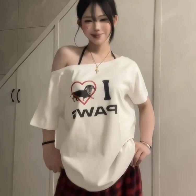 美式复古时尚露肩短袖T女夏季新款宽松显瘦我爱狗狗百搭斜肩上衣