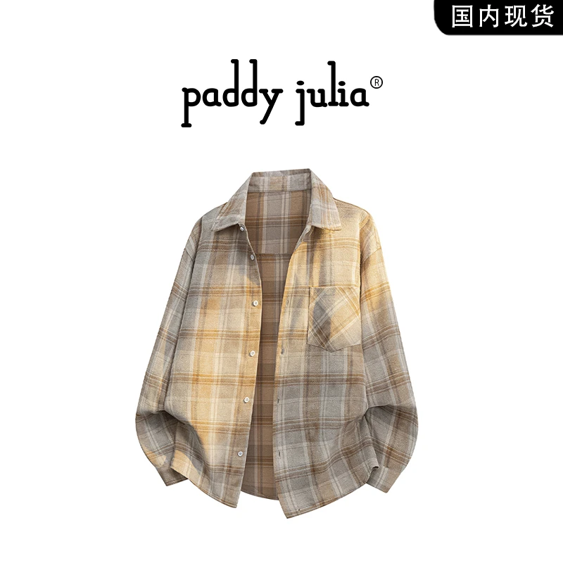 Paddy julia美式复古格子长袖衬衫男春秋季设计宽松休闲衬衣外套