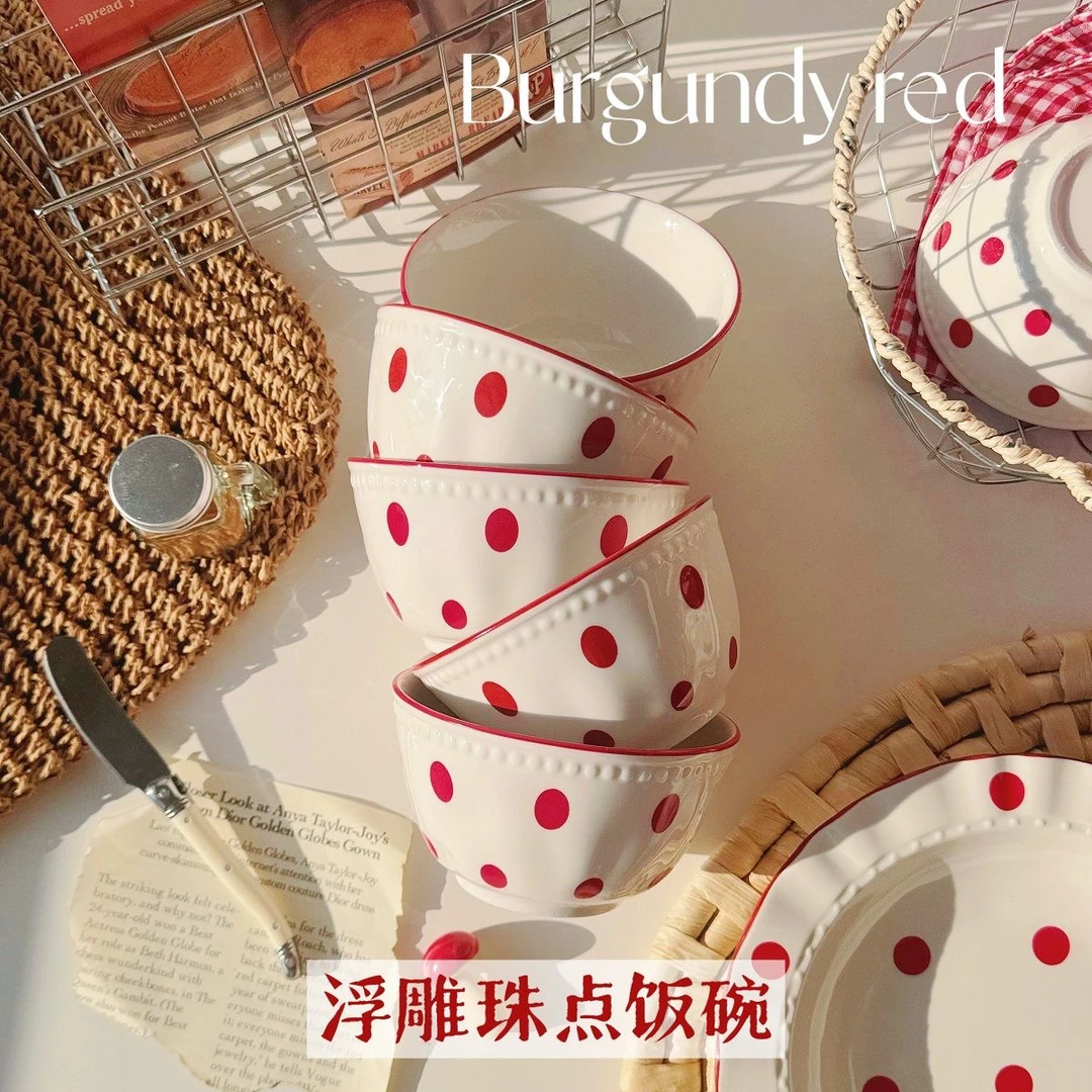 勃艮第红点陶瓷碗盘餐具家用新年新婚新居礼物高颜值饭碗釉下彩