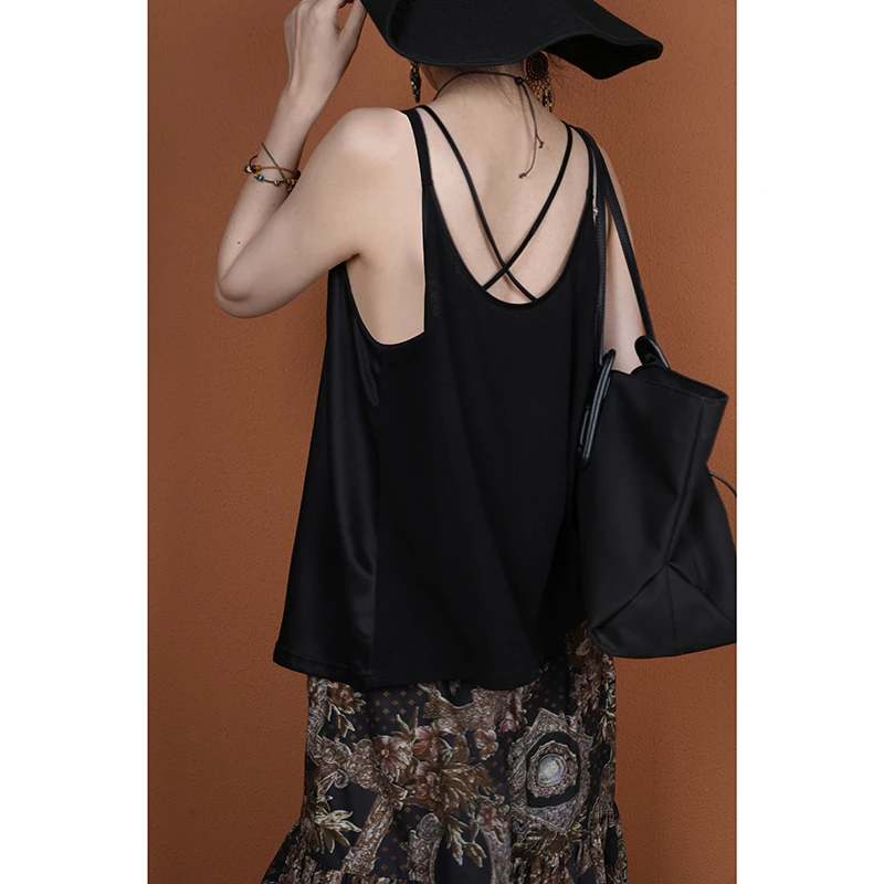 【与风萦】醋纤棉撞料背心 夏季外穿黑色薄款宽松无袖