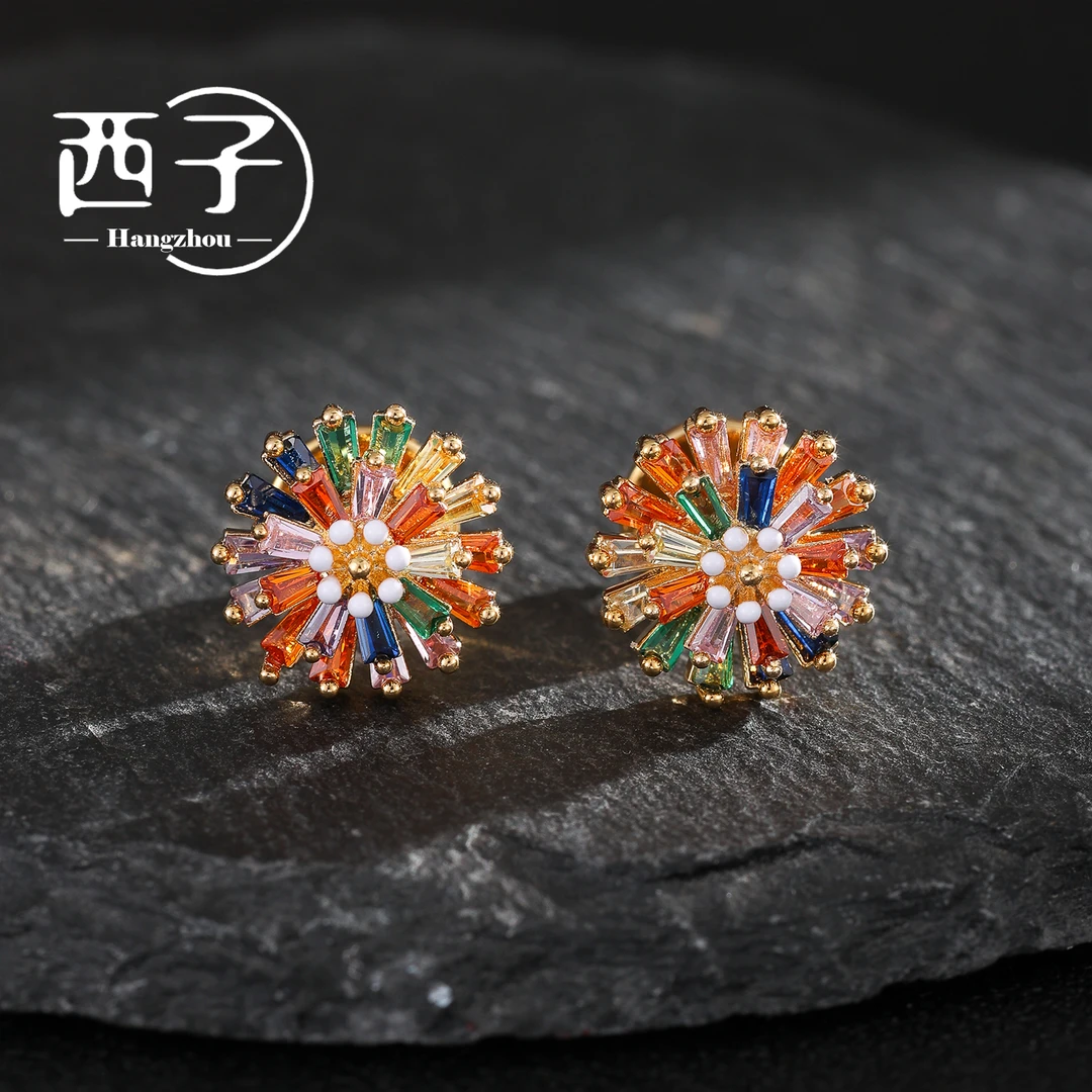 西子饰品高定镀18K金【彩虹雏菊耳夹】高级感爆款度假手工款耳环女