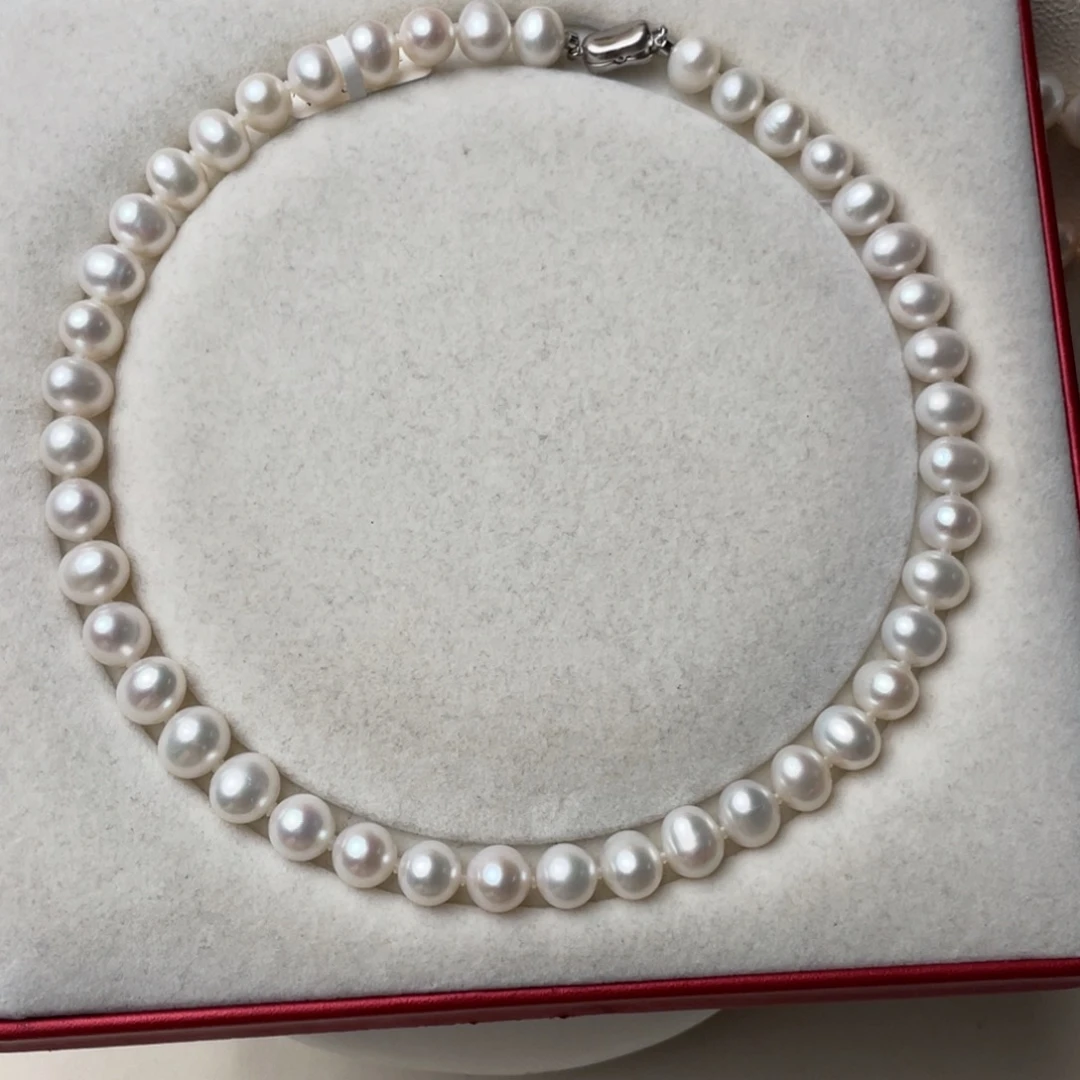 淡水珍珠颈饰银S925镶嵌9-10mm无核无暇
