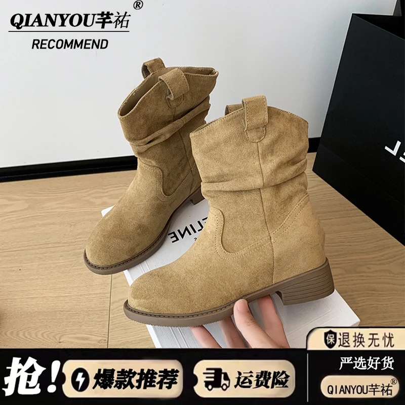 小个子~内增高8.0CM西部风牛仔靴2025秋冬马丁靴法式短靴堆堆靴