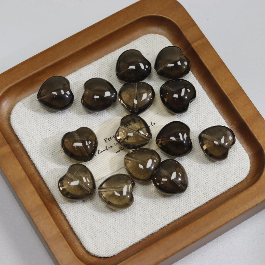 天然茶水晶爱心雕刻件穿孔手串手工配件烟晶DIY设计挂件立体心心