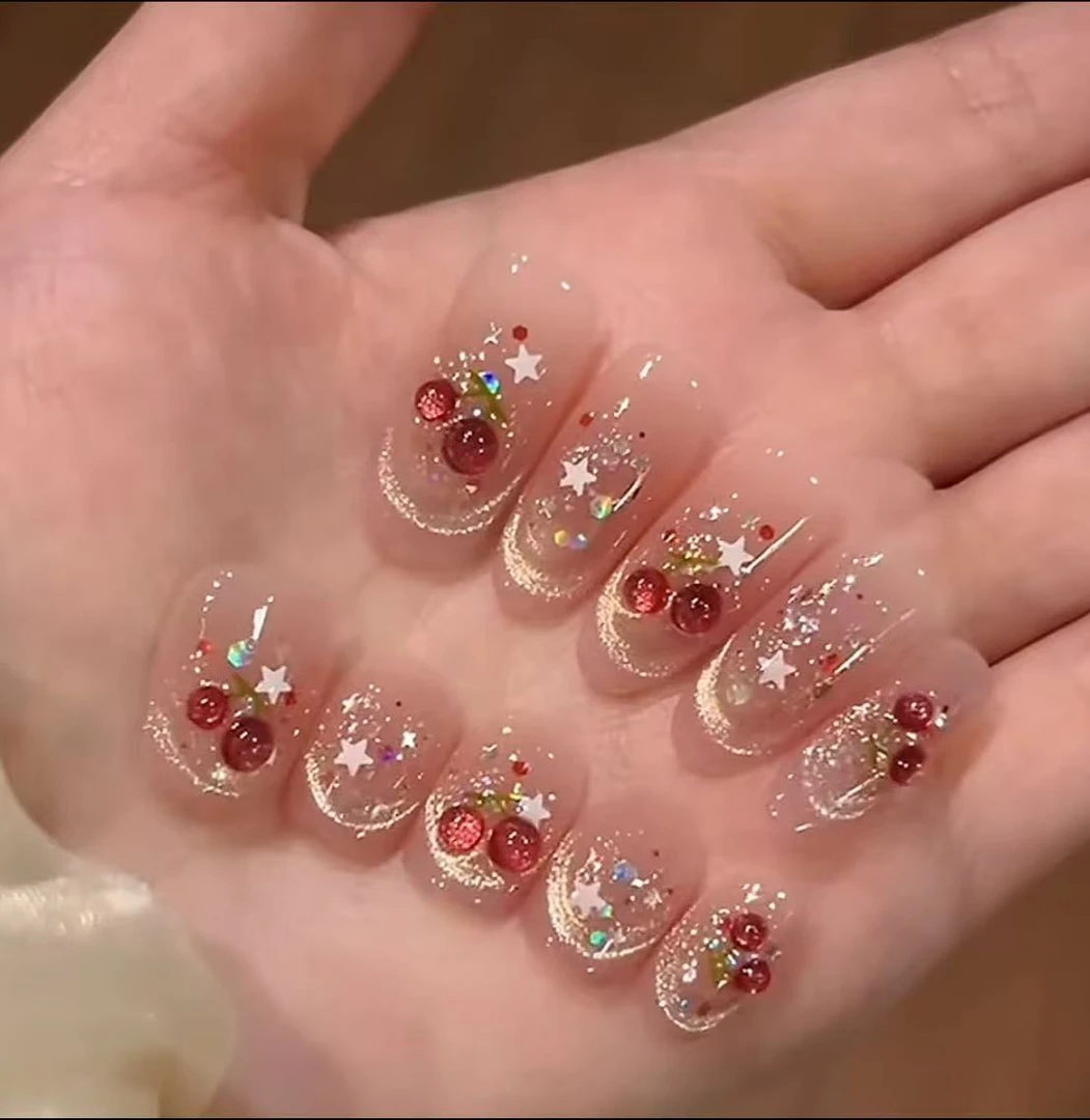 「甜心樱桃」高品质手工穿戴甲腮红微笑光疗猫眼立体可拆卸美甲