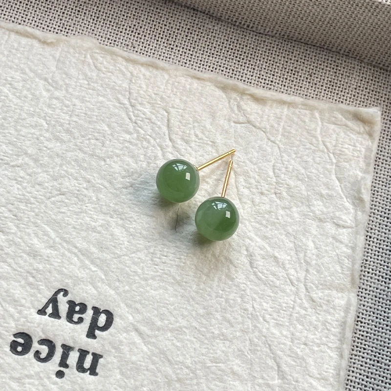 琳琯瑛和田玉S925银镶碧玉菠菜绿耳钉 约5.5/8mm（多样性发一）