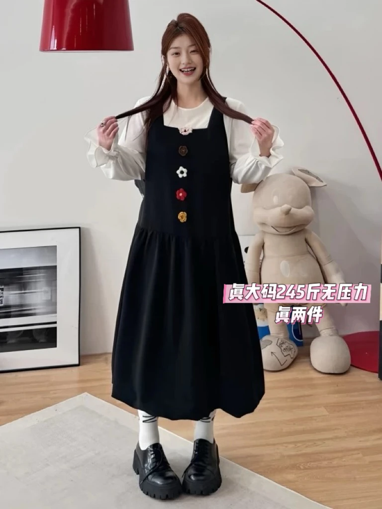 雯雯子定制大码女装黑色花苞裙2025早秋胖mm显瘦衬衫连衣裙两件套
