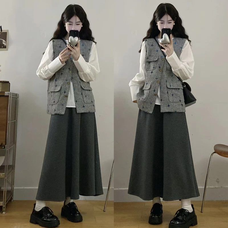 大码胖mm气质时尚休闲叠穿小香风宽松马夹衬衫上衣半身裙三件套女