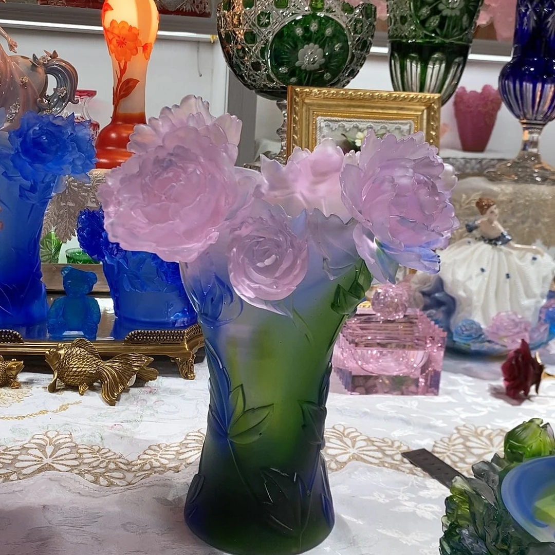 摆件QAA293脱蜡水晶牡丹花瓶大号